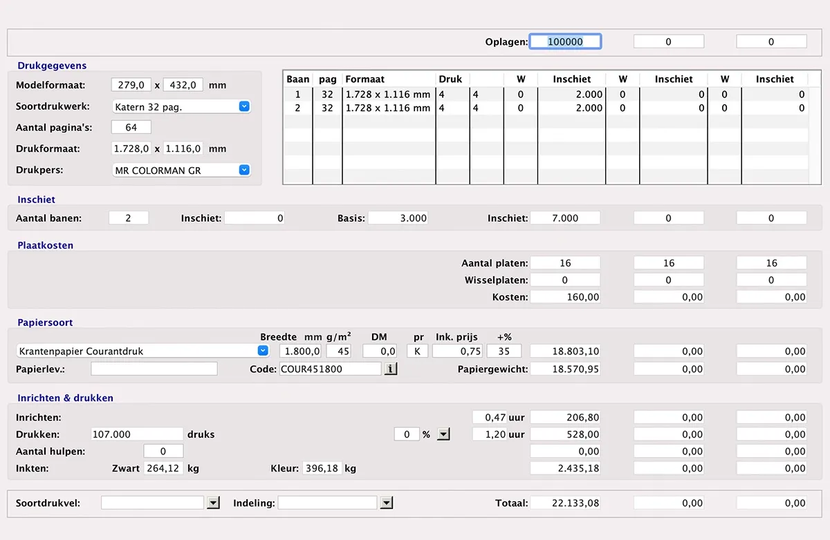 Calculatie kranten in MultiPress