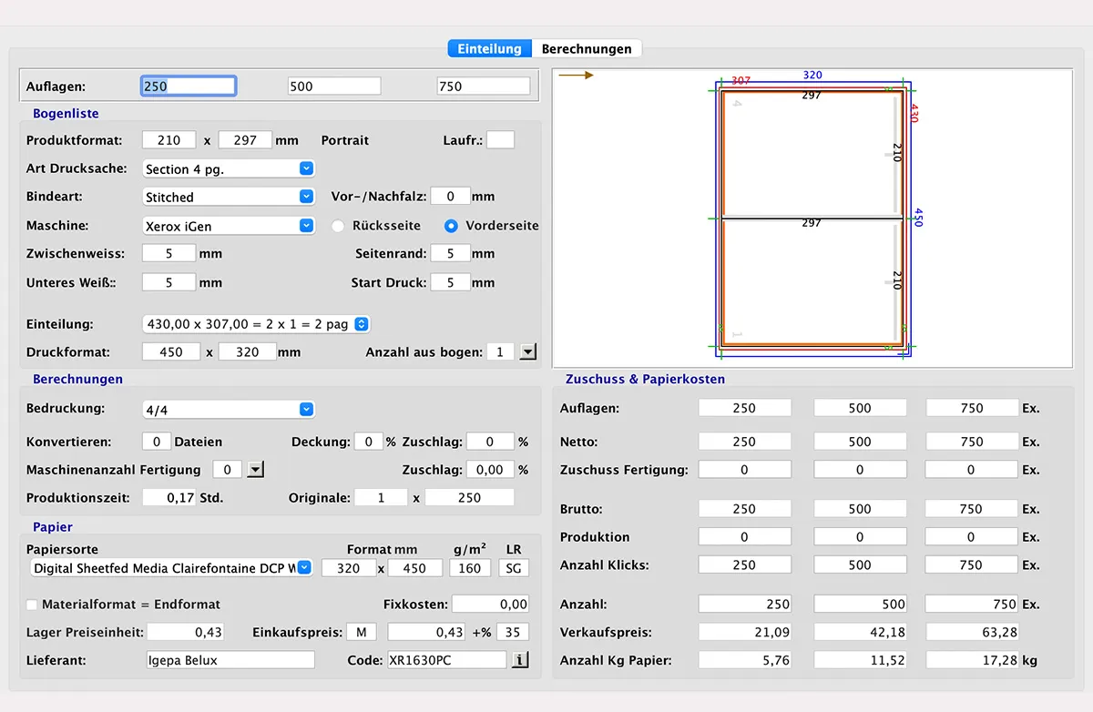 Kalkulation Digitaldruck in MultiPress