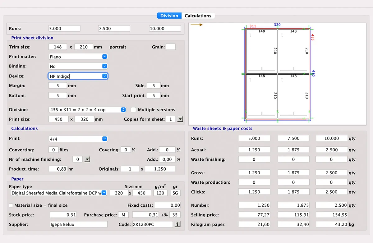 Calculation digital printing in MultiPress