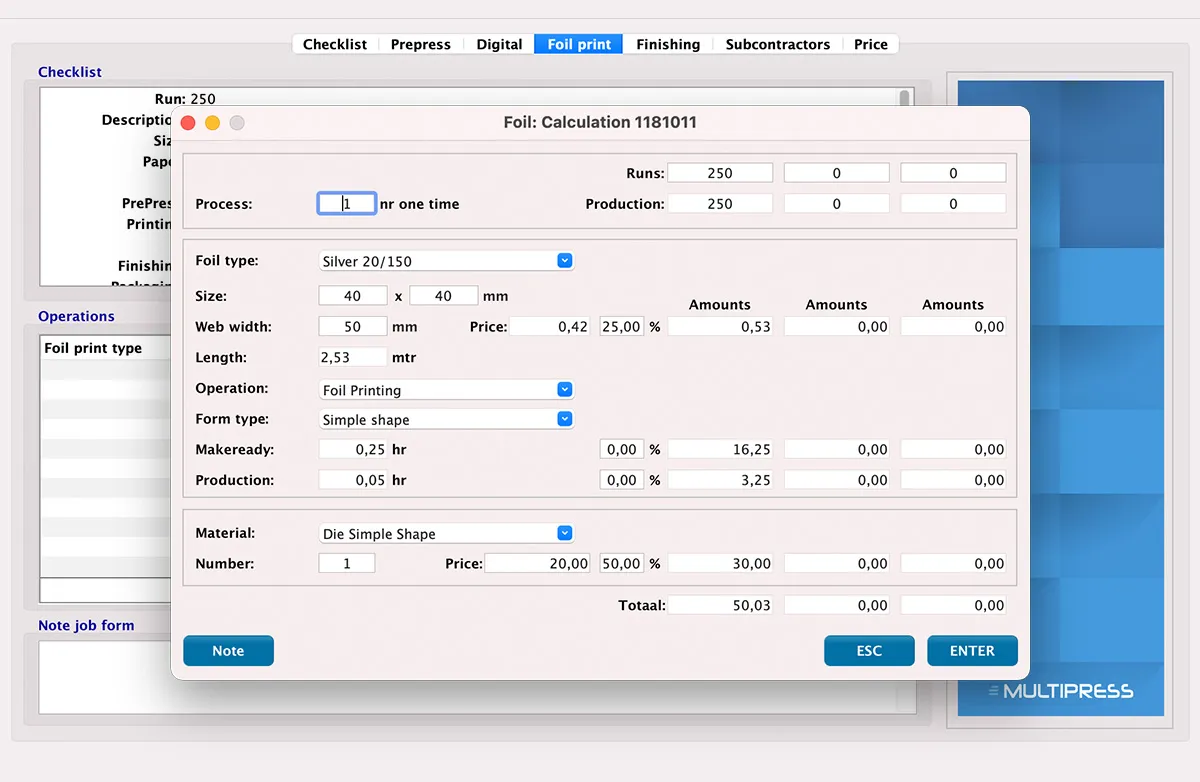 Foil printing calculation in MultiPress