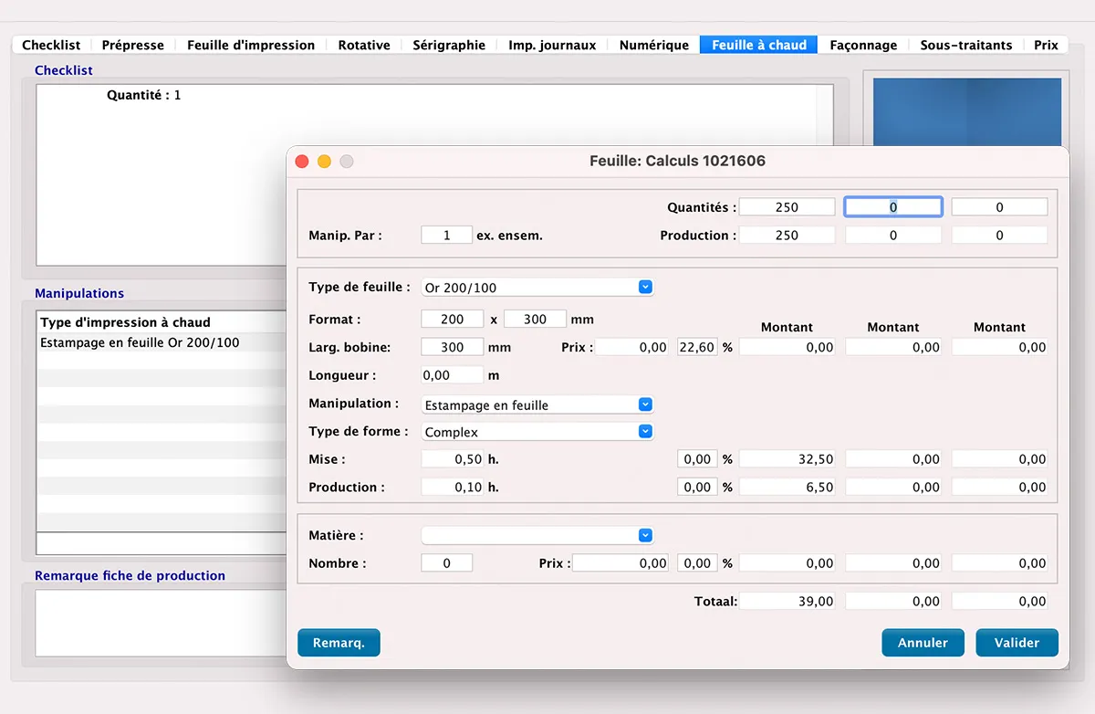 Calcul de l'impression sur film in MultiPress