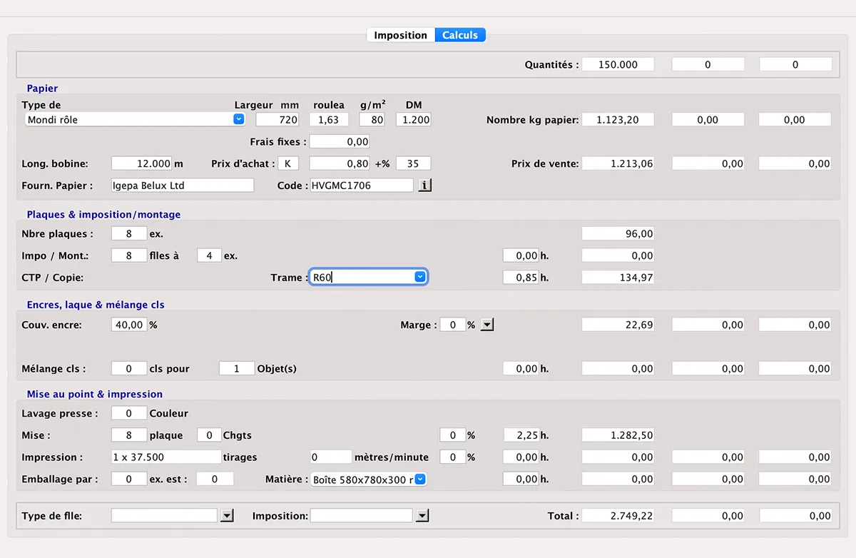 Calcul de productions en rouleaux in MultiPress